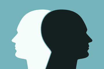 Two human head silhouettes isolated on a turquoise blue background show concepts of tolerance, psychology, communication, diversity, opposites, mental disorder, or attention. Flat vector illustration