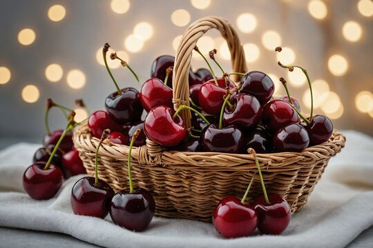 Cherries arranged neatly in a cane basket
