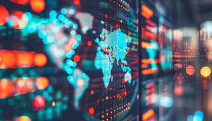 A glowing blue world map made of glowing dots and lines against a dark background of circuit boards and servers.