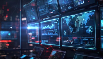 Fototapeta premium Futuristic command center with multiple screens displaying complex data and world map.