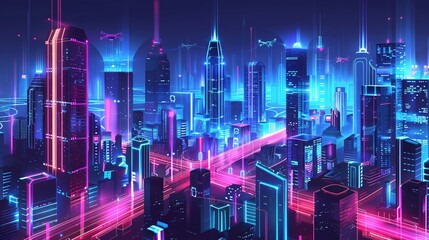 Futuristic city at night with light trails. abstract background.