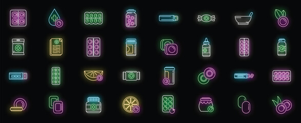 Cough drops icons set outline vector. Pill medicine. Drugs disease neon color on black