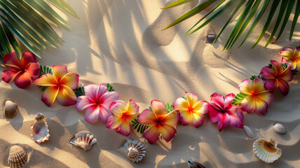 Fototapeta premium Frangipani flowers and seashells on sand