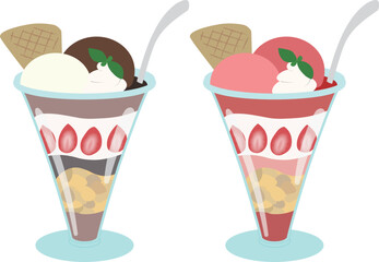 盛り付けられたチョコとストロベリーのパフェセット（主線なし）