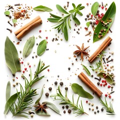 Aromatic Array TopView of Fresh Herbs and Spices on White Background

