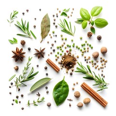 Fresh organic Mediterranean herbs and spices elements isolated over a transparent background