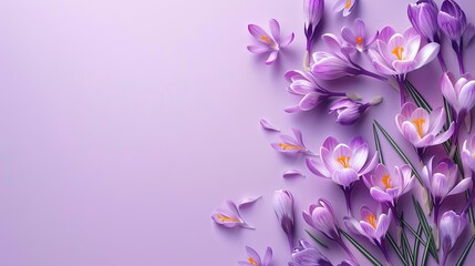 Purple crocus flowers on pastel background for spring