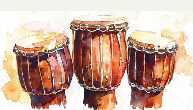 A watercolor painting of three conga drums