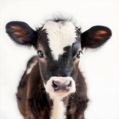 There is a black and white cow standing in a white room generative ai
