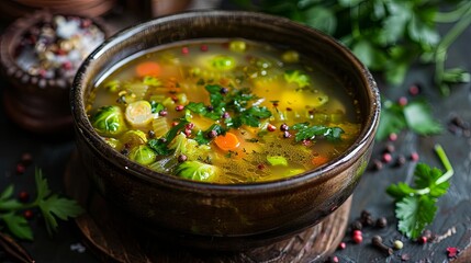 Homemade vegetable soup in rustic bowl with fresh herbs