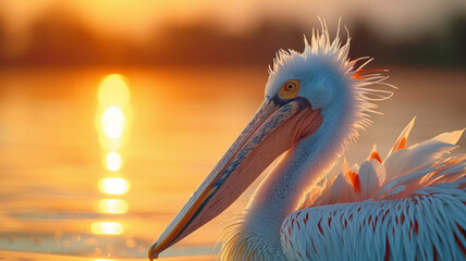 Pelican during sunset - obrazy, fototapety, plakaty