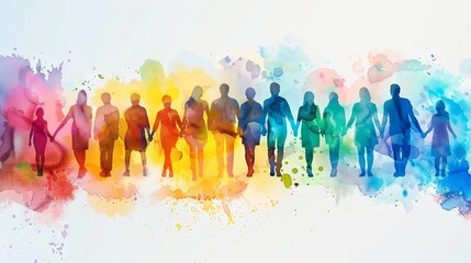 Colorful watercolor silhouette of diverse group holding hands