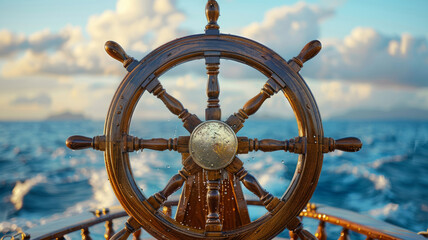 Ship's wheel on a boat at sea
