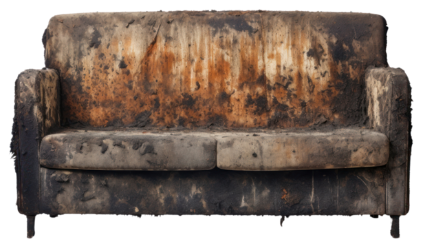 PNG  Sofa with burnt furniture white background deterioration.
