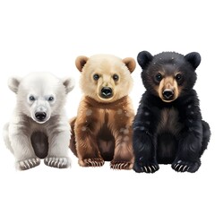 Three bears sitting together on a white background: a large bear, a medium-sized bear, and a small bear.
