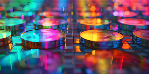 Closeup, silicon wafer, technology, semiconductor, microchip, electronics, circuitry, microelectronics, wafer fabrication, silicon chip, semiconductor industry, semiconductor manufacturing, wafer proc - obrazy, fototapety, plakaty