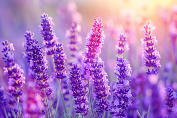 Vivid sunset colors enhance the beauty of a scenic french lavender flower field landscape