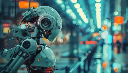 Fototapeta premium Generate a cinematic concept art of a robot standing in a futuristic city