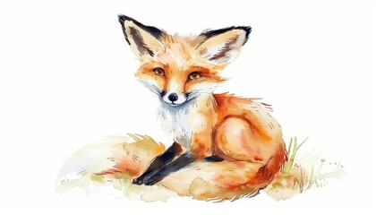 A watercolor painting of a red fox sitting on a grassy hill. The fox is looking at the viewer with a curious expression.