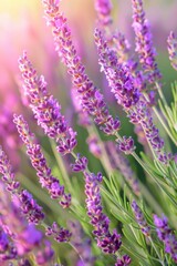 Naklejka premium Golden hour glow on scenic french lavender field, creating stunning sunset landscape