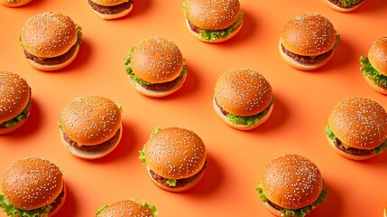 A symmetric pattern of freshly made hamburgers with sesame-seed buns, arranged neatly on an orange backdrop, ideal for food marketing.