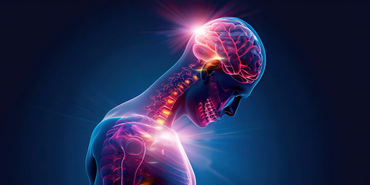 Chiari Malformation: The Headache and Neck Pain - Visualize a person with a highlighted cerebellum extending into the spinal canal, experiencing headaches and neck pain