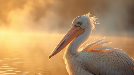 Pelican at sunset by the water - obrazy, fototapety, plakaty