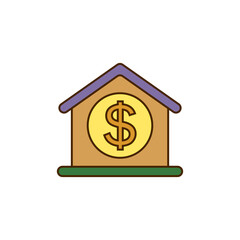A gold coin with a dollar sign inside the house. Isolated color vector icon on white background. 