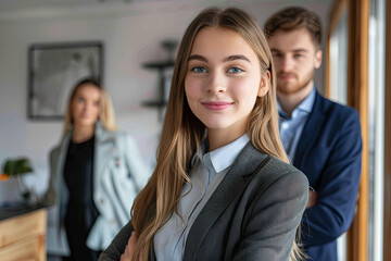 Portrait of a real estate agent in the apartment for sale or for rent. A young married couple standing in the background. Real estate concept
