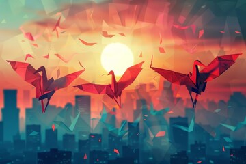 Naklejka premium A flock of origami birds soars above a city