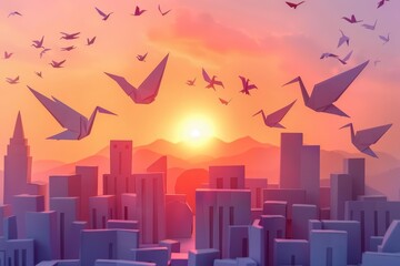Obraz premium A flock of origami birds flies over a city at sunset