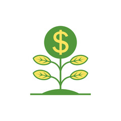 Green money tree. Plant and flower with leaves and a large round empty bud with a currency symbol. Color vector illustration on a white background.