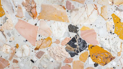 abstract terrazzo pattern, colored stone splashes on a beige background, marble background with multi-colored spots
