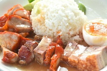 roasted barbecue and crispy pork slice topping plain rice with boiled egg dressing sweet red gravy sauce on plate 