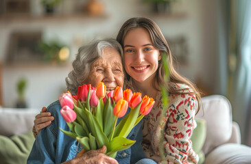 A happy mother and daughter hugging each other in the living room, with tulips in their hands, sitting at home to celebrate Mother's Day.