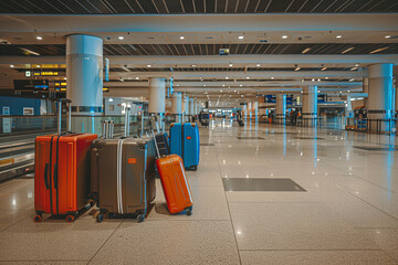suitcases in an empty airport hall, traveler cases in the departure airport terminal waiting for the area
 - obrazy, fototapety, plakaty