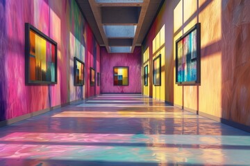 Create a colorful and vibrant art gallery with bright pink, blue, and yellow walls