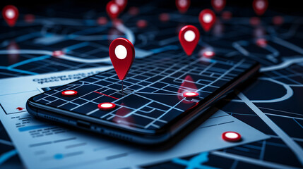Obraz premium A modern digital city map displayed on a smartphone screen, featuring location pins indicating office buildings, set against a dark blue background with white street lines. Surrounding the smartphone 