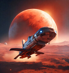 futuristic spaceship launched from planet, hi-tech UFO flying from earth, Orange mars seen in...