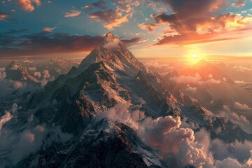 A majestic mountain range, with a single peak reaching towards the heavens. The sky is ablaze with color, as the sun sets behind the mountains.