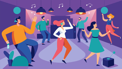 As the participants lose themselves in the music the only sounds in the room are the soft thuds of feet and occasional giggles. Vector illustration