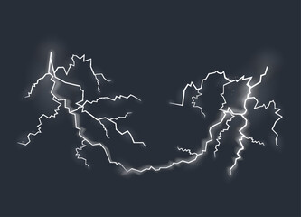 Lightning effect, natural strength symbol. Zipper, thunderstorm rays and lighting, electric power charge. Vector isolated on dark background