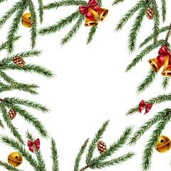 Frame with christmas golden bells, red satin bow, spruce and pine branches, cedar, fir cones...