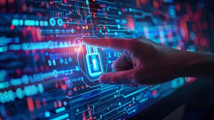 Obraz premium Secure your network with digital barriers and high tech security audits, implementing visual data controls and locking mechanisms to protect against cyber threats.