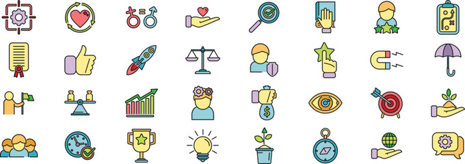 Core values icons set outline vector. Client innovation. Integrity mission thin line color flat on white