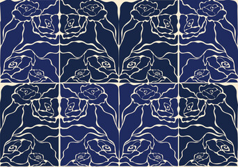 Vector blue roses leaves, monochrome beautiful seamless pattern. Modern trendy groovy aesthetic design for textile prints.