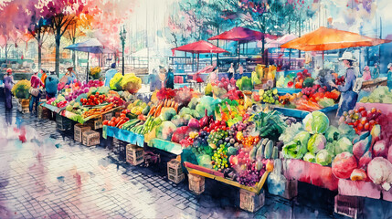 Fototapeta premium Watercolor illustration of fruits and vegetables at street farmers market with stalls with fresh vegetables and fruits