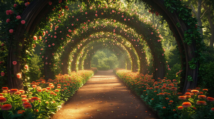Fototapeta premium Beautiful Arches Alley Made from Green Plants with Pink Flowers in the Garden