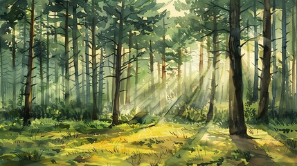 Paint a serene scene of a pine forest with sunlight filtering through the treesWater color,  hand drawing