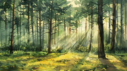 Obraz premium Paint a serene scene of a pine forest with sunlight filtering through the treesWater color, hand drawing